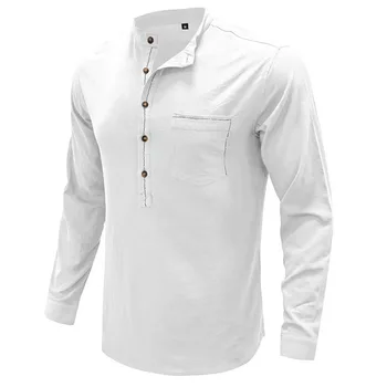 Yeni erkek Casual Bluz Pamuk Keten Gömlek Gevşek Üstleri Uzun Kollu Tee Gömlek İlkbahar Sonbahar Casual Düğme Katı Yakışıklı Erkek Gömlek