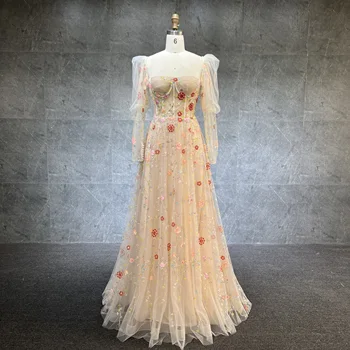 Zarif Çiçek Tül balo kıyafetleri Uzun Kollu Dantel Aplikler Çiçekler A-Line gece elbisesi Resmi Parti Elbise