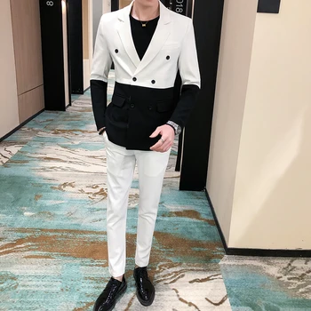 Yeni erkek (Blazer+ Pantolon) moda Beyefendi Kore Versiyonu İnce Kruvaze Düğün Çift Renk Kısa kollu 2 parça Set