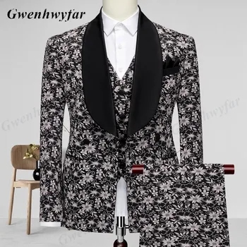 Gwenhwyfar Kruvaze Erkek Smokin 2022 Yeni Papatya Baskılı Kostüm Homme Şal Yaka Blazer Parti Resmi Ziyafet Erkek Takım Elbise