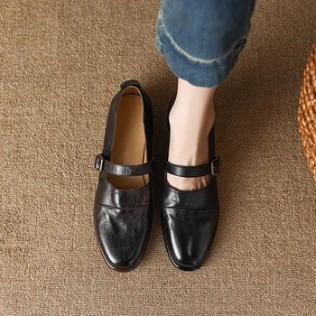 Inek derisi Mary Janes Kadın temel ayakkabı Toka İle Gerçek Deri Konfor Daireler Düşük Topuk Yuvarlak Ayak Fransız Tarzı Kadın Daireler