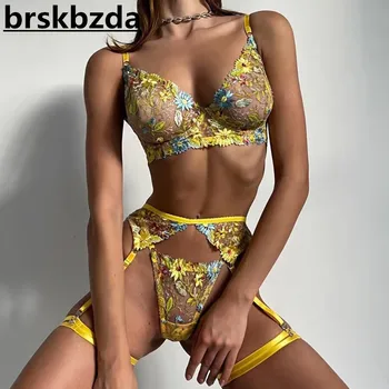 Brskbzda Yeni Sarı Çiçek Iç Çamaşırı Lüks Dantel Narin Iç Çamaşırı Sansürsüz Seksi Jartiyer Kısa Setleri Fantezi Şeffaf Samimi
