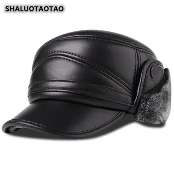 Yeni erkek Deri Şapka Düz Kap Trend Kaliteli Koyun Derisi Askeri Şapkalar Termal Kadife Earmuffs Marka Bombacı Şapka Snapback Kapaklar