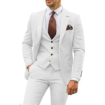 Erkek Takım Elbise 3 Parça Slim Fit Smokin Damat Sağdıç Ziyafet Sürüm İş Rahat Ceket Seti (Blazer + Yelek + Pantolon)