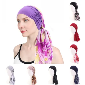 Bayan Müslüman Başörtüsü Kanseri Kemo Çiçek Baskı Şapka Türban kapatma başlığı Saç Dökülmesi başörtüsü Wrap Önceden Bağlı Şapkalar Streç Bandana