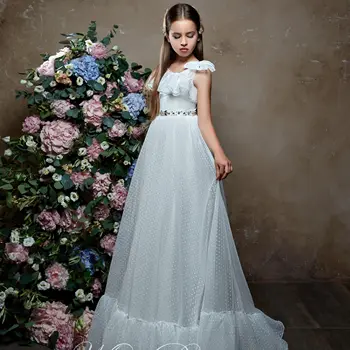 Dantel Çiçek Kız Elbise Kollu Kız Düğün Parti Elbise İlk Communion elbise Dantel Tren Bebek Elbise Sevimli Çocuk Elbise