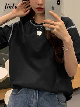 Jielur Basit Kore kadın T-Shirt Gevşek Yaz Pamuk T gömlek Öğrenci Üst Kısa Kollu Harajuku Siyah beyaz tişört Gömlek M-XL