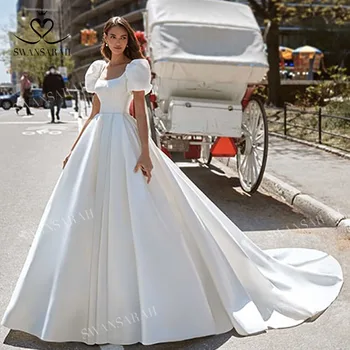 SwanSarah düğün elbisesi 2023 Romantik Puf Kollu Prenses Saten Hattı Mahkemesi Tren Gelin Törenlerinde W151 Artı Boyutu Vestido De Novia