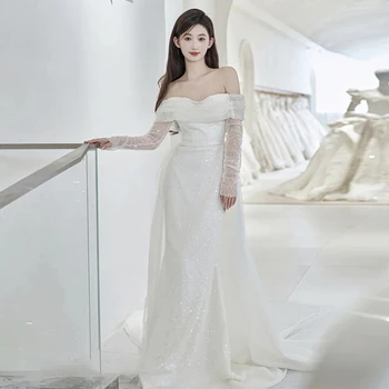 2023 Zarif Glitter Gelin Elbise Kapalı Omuz Uzun Kollu düğün elbisesi Fotoğraf Çekimi Tur Basit Robe De Mariée Kıyafeti Gelin