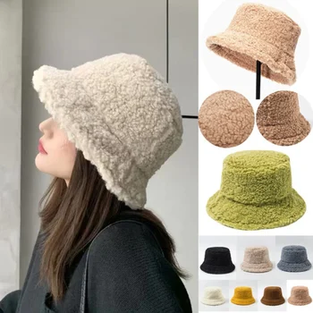Sonbahar Kış Kuzu Yün Taklit Kürk Kova Şapka Kış Sıcak Oyuncak Kadife Şapka Kadınlar için Kalınlaşmak Açık Balıkçı Şapka Kapaklar