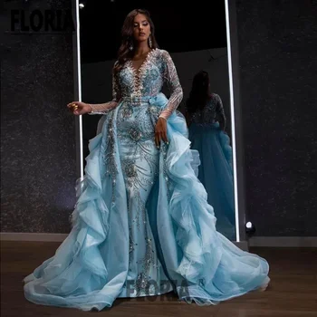 Lüks Mavi Mermaid Akşam balo kıyafetleri Büyük Boncuk Kristal Dubai Arapça Örgün Durum Elbise Kadınlar Düğün Parti Vestidos 2023