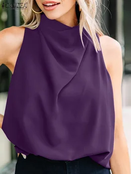 ZANZEA Rahat Gevşek Düz Renk Tunikler Moda Sallanan Yaka Üstleri Kadın Kolsuz Tatil Tankı Yaz 2023 Geri Düğmesi Yelekler