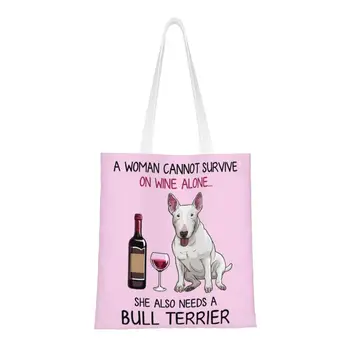 Yeniden kullanılabilir Bull Terrier Ve Şarap Komik Köpek alışveriş çantası Kadın Tuval kol çantası Çanta Yıkanabilir Bakkal Alışveriş çantaları