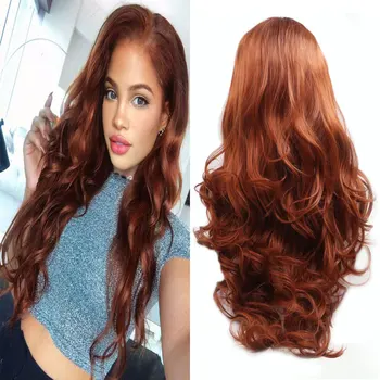 Sentetik Saç Dantel ön peruk Bakır Kırmızı Turuncu Vücut Dalga ısıya dayanıklı iplik Doğal Saç Çizgisi Orta Ayrılık Kadınlar Için Peruk
