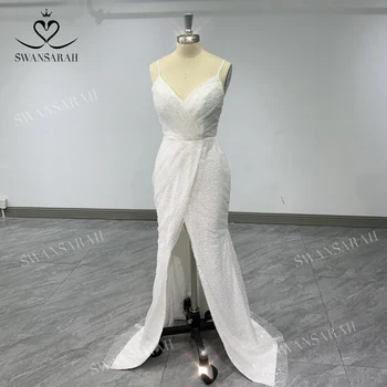 Kolsuz düğün elbisesi 2023 Boncuklu Bölünmüş Backless Mermaid Gelin Kıyafeti Tren Prenses SwanSarah NR166 Artı Boyutu Vestido De Novia