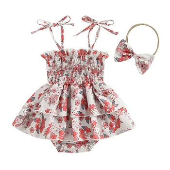 Yenidoğan Bebek Kız Bodysuit 2 Adet yaz giysileri 2023 Kıyafetler Kolsuz Kayış çiçekli tulum Çocuklar için Bebek bebek nesneleri
