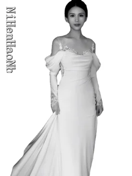 Yeni Mermaid Saten düğün elbisesi Tren Backless Dantel Uzun Kollu Vestidos Noivas Robe De Mariage