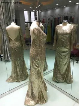 Altın Renk Balo Elbise Yeni Tasarım Uzun Kollu Sequins Backless Parti Kıyafeti Custom Made Artı Boyutu