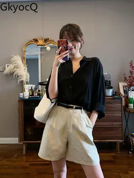 GkyocQ kadın Şort Katı Yüksek Bel Rahat Pilili Geniş Bacak kısa pantolon Basit Gevşek Kore Tarzı Pantolon yaz giysileri