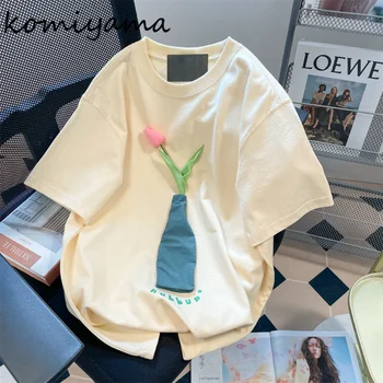 Komiyama Tatlı Şık 3d Çiçek Tees Yaz Moda Kontrast Renk Y2k Üstleri O Boyun Kısa Kollu Ropa Mujer Gevşek Rahat T Shirt