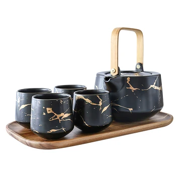 Toptan Japon tarzı ebru porselen seti çaydanlık bardak pot tabağı setleri seramik çay seti