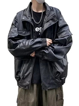 Erkek Büyük Boy Rahat Amerikan Retro Palto Motosiklet PU Deri Ceket Unisex Punk Streetwear Serin Bombacı Deri Ceket Erkekler